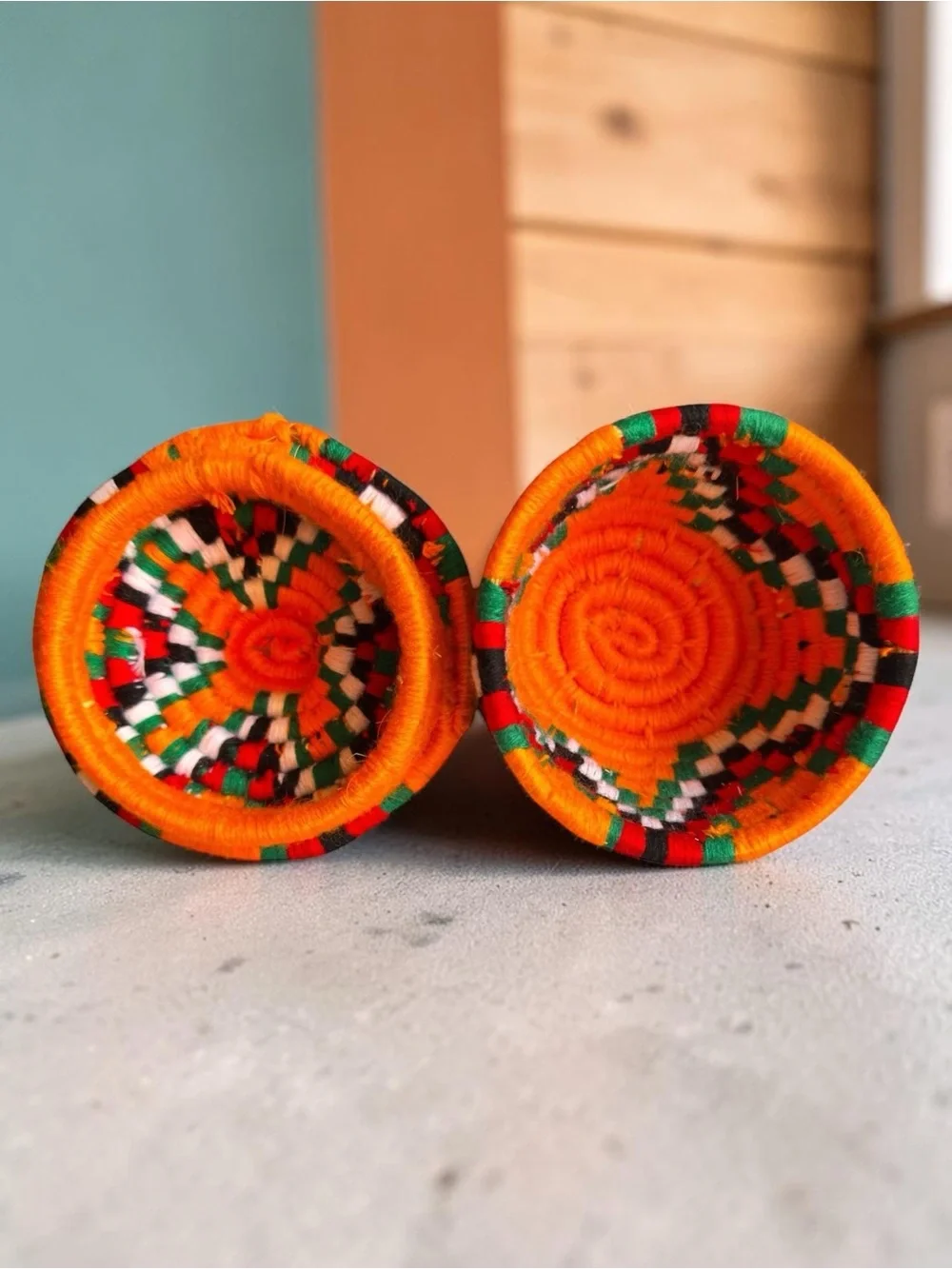 Berber Handwoven Wool Yarn Orange Basket with Lid.